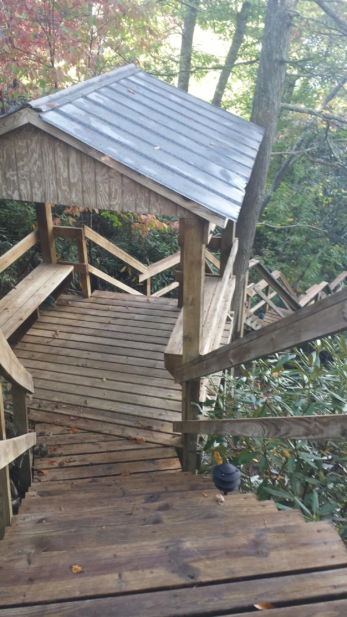 Metal roofed shelter over wooden steps on a wooded walkway — Skylight Repair & Installation work by our crew in Canyonville